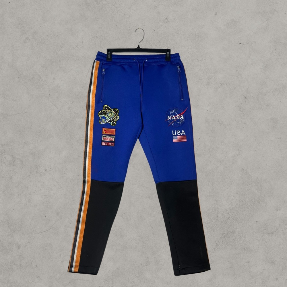 NASA USA Blue Black Colorblock Joggers Mens Space Patch Track Pants Drawstring